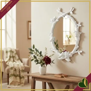 Specchio da parete Love Birds con ramo in resina, altezza 61 cm