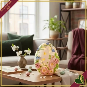 Uovo decorativo “Floral Egg” bianco con fiori rosa e luce LED, altezza 18 cm
