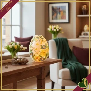 Uovo decorativo “Floral Egg” bianco con fiori gialli e luce LED, altezza 18 cm