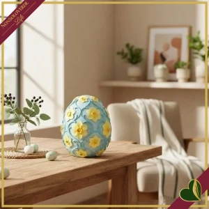 Uovo decorativo in resina blu con fiori gialli e luce LED, altezza 18 cm