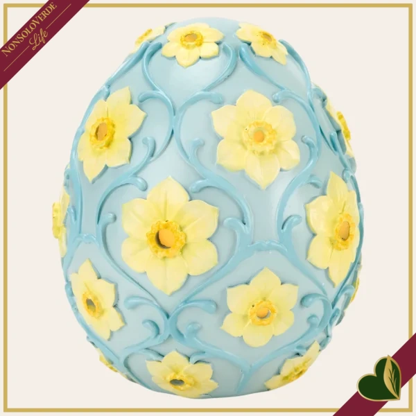 Uovo decorativo in resina blu con fiori gialli e luce LED, altezza 18 cm
