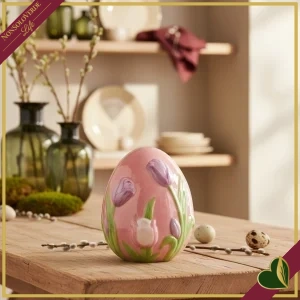 Uovo decorativo in ceramica rosa con tulipani 3D, altezza 11 cm