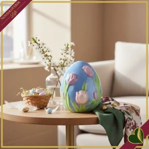 Uovo decorativo in ceramica blu con tulipani 3D, altezza 11 cm