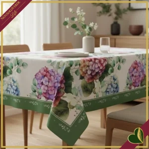 Tovaglia Ortensie con bordo verde, 180x180 cm