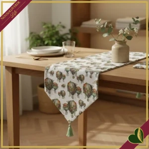 Runner double face a punta Mongolfiere e Micro Geo con nappe verdi, 45x140 cm