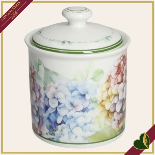 Zuccheriera Flora in New Bone China con ortensie acquerellate, altezza 11,5 cm