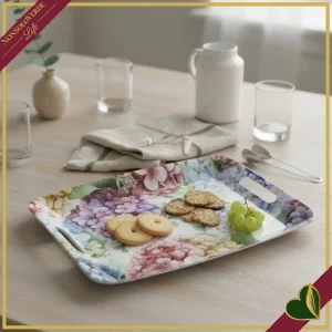 Vassoio Flora in melamina con ortensie acquerellate e manici integrati, lunghezza 35 cm