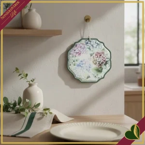 Poggiapentola Flora con fiocco in ceramica e sughero, diametro 21 cm