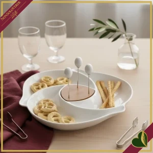 Antipastiera Vortice in porcellana bianca con impugnatura in bamboo e 3 forchettine inox, diametro 27 cm