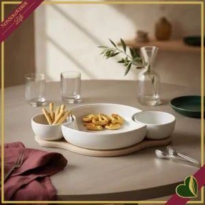 Antipastiera Clown in porcellana bianca con base in bamboo naturale, lunghezza 36 cm