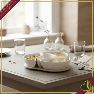 Antipastiera Trifoglio in porcellana bianca con base in bamboo naturale, larghezza 21 cm