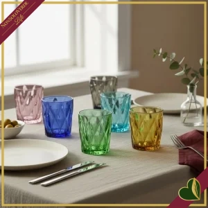 Set 6 bicchieri Diamante in vetro colori assortiti, altezza 9,5 cm