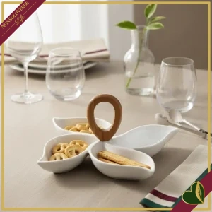 Antipastiera Octopus in porcellana bianca con impugnatura in bamboo naturale, larghezza 30 cm