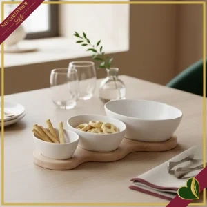 Antipastiera Galassia in porcellana bianca con base in bamboo naturale, lunghezza 22 cm