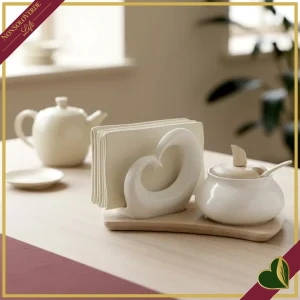 Serving portatovaglioli Doppiocuore e zuccheriera in porcellana con coperchio e base in bamboo, lunghezza 20,5 cm