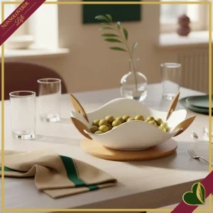 Antipastiera Nuvola in porcellana bianca con base e forchette in bamboo naturale, lunghezza 21 cm