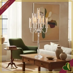 Candelabro 9 fiamme in vetro trasparente, altezza 160 cm
