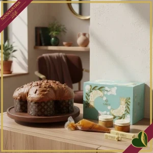 8058983532256-0 Colomba artigianale caramello, impasto soffice con cubetti di cioccolato al caramello, con sac à poche salsa al caramello e vasetti, 1 chilogrammo
