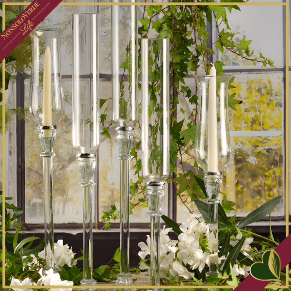 Candelabro in vetro trasparente con tubo portacandela, altezza 58 cm