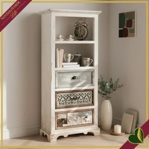 Credenza multidecor in legno con 3 cassetti e vani a giorno, altezza 146 cm