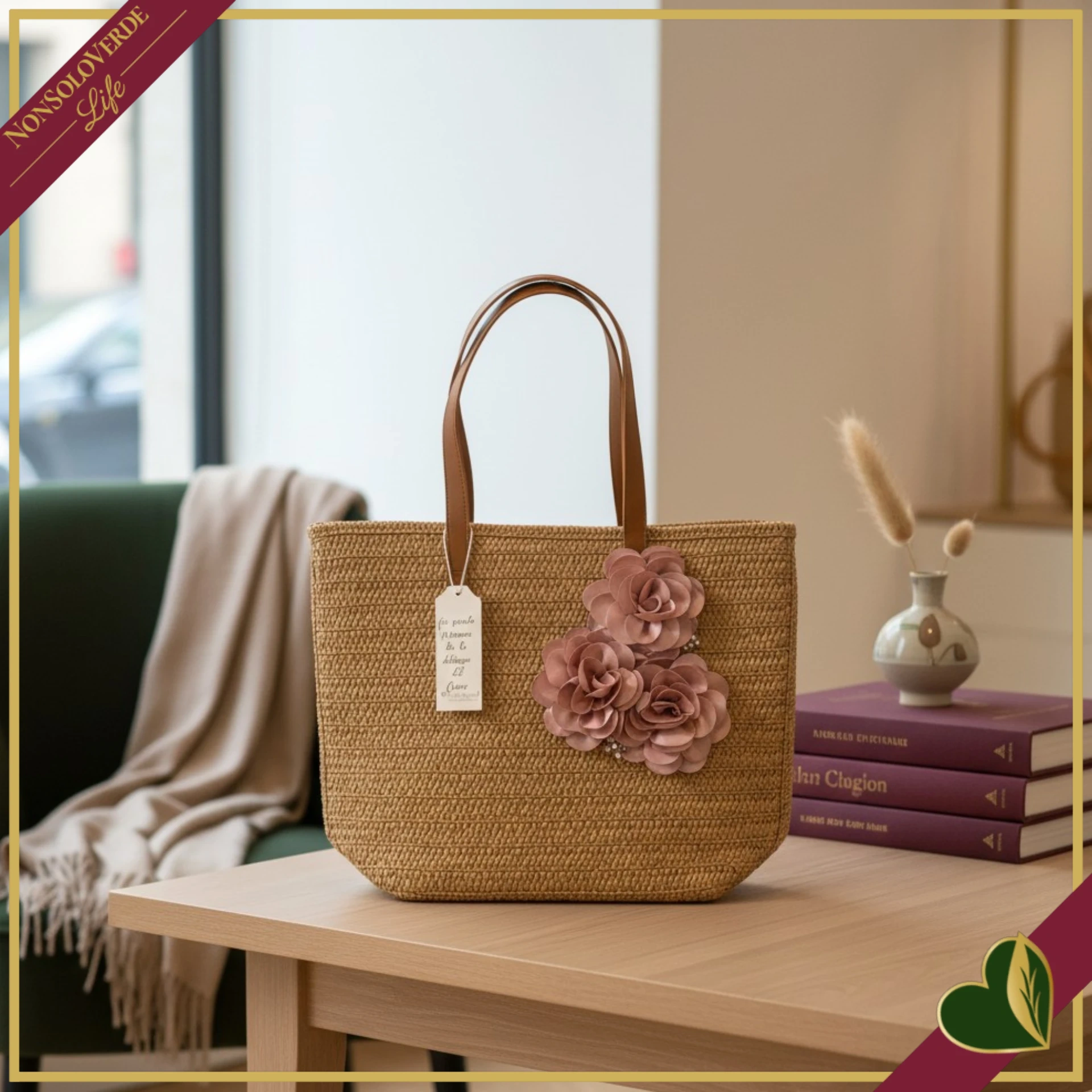 Borsa in paglia con fiori rosa cipria, larghezza 46 cm