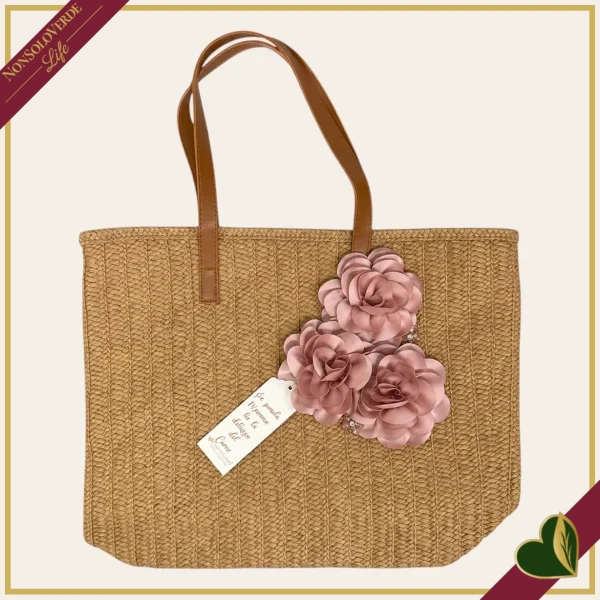 Borsa in paglia con fiori rosa cipria, larghezza 46 cm