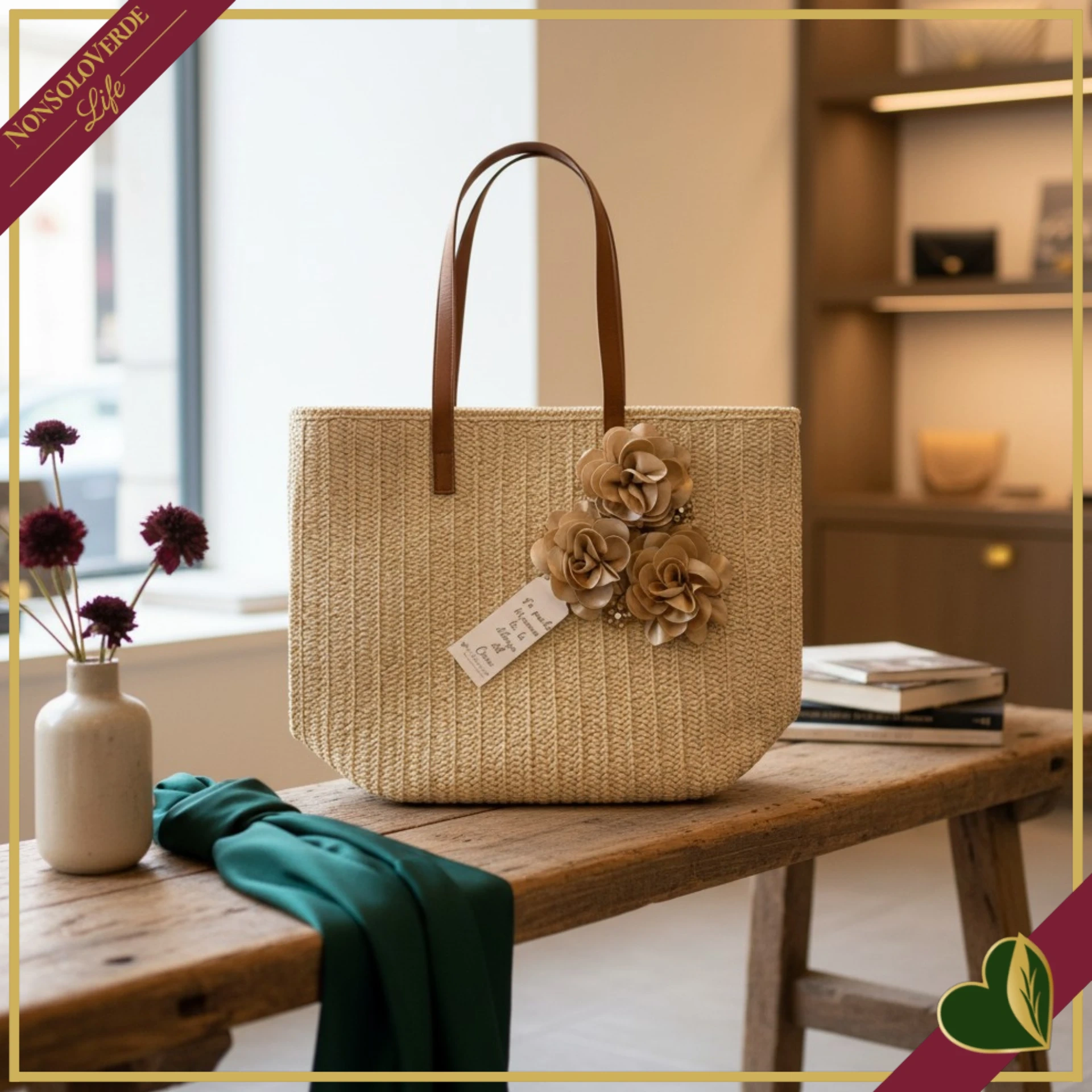 Borsa in paglia con fiori beige, larghezza 46 cm
