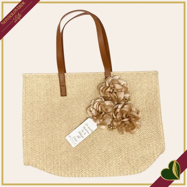 Borsa in paglia con fiori beige, larghezza 46 cm