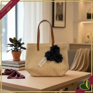 Borsa in paglia con fiori blu, larghezza 46 cm