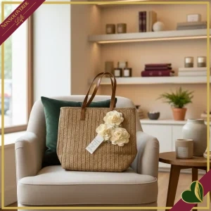 Borsa in paglia con fiori avorio, larghezza 46 cm