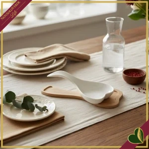 Poggiamestolo a cuore in porcellana bianca con supporto in bamboo naturale, lunghezza 26 cm