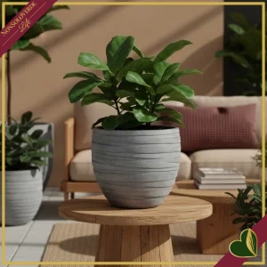 Vaso tondo in fibra di vetro e argilla grigio con decoro a righe, altezza 39 cm
