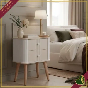 Comodino Vesly bianco e beige con 2 cassetti e finitura rigata, altezza 57 cm