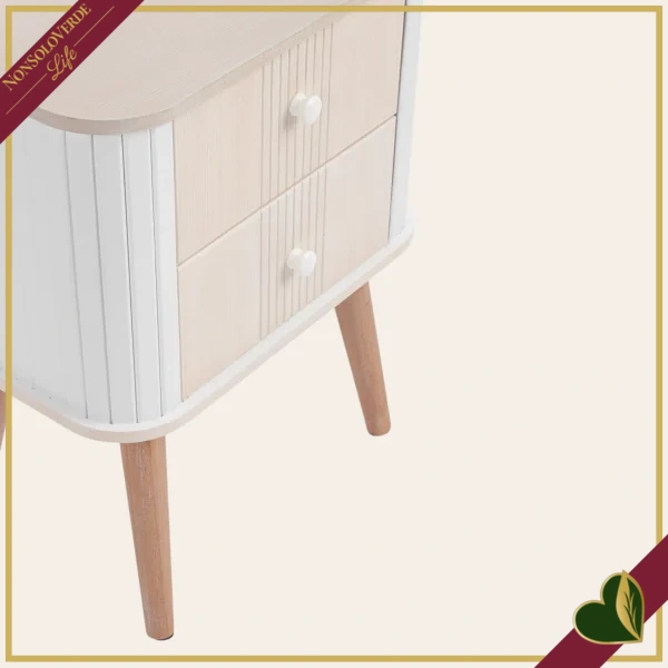 Comodino Vesly bianco e beige con 2 cassetti e finitura rigata, altezza 57 cm