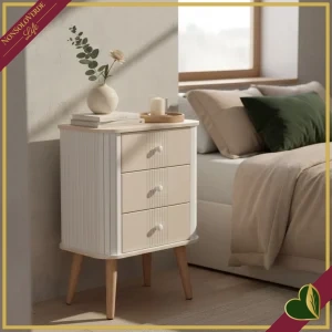 Cassettiera Vesly bianco e beige con 3 cassetti e finitura rigata, altezza 66 cm