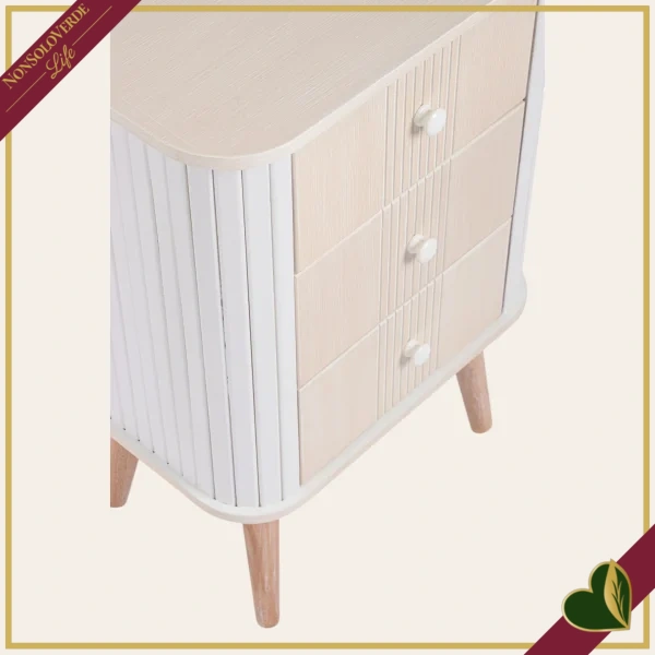 Cassettiera Vesly bianco e beige con 3 cassetti e finitura rigata, altezza 66 cm