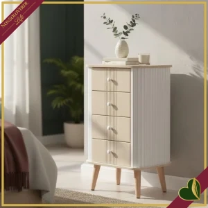 Cassettiera Vesly bianco e beige con 4 cassetti e finitura rigata, altezza 75,5 cm