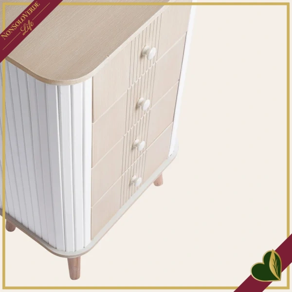Cassettiera Vesly bianco e beige con 4 cassetti e finitura rigata, altezza 75,5 cm