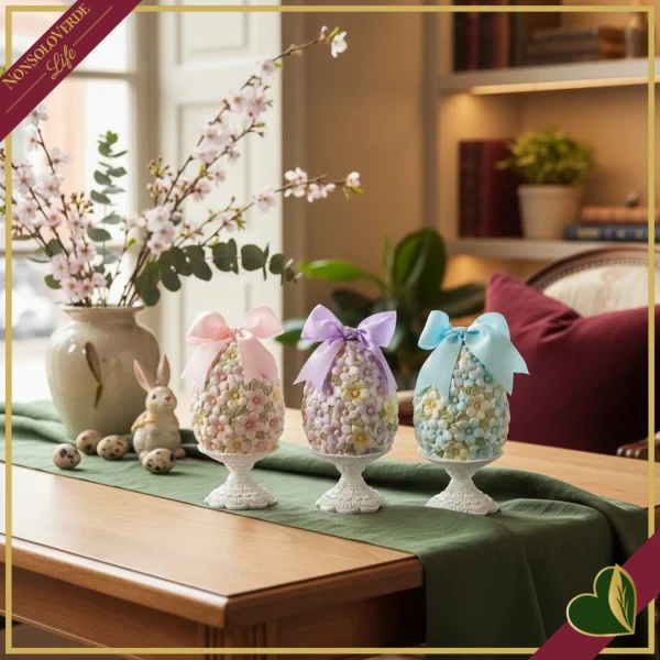 Uovo decorativo pasquale floreale su piedistallo colori assortiti, altezza 20 cm