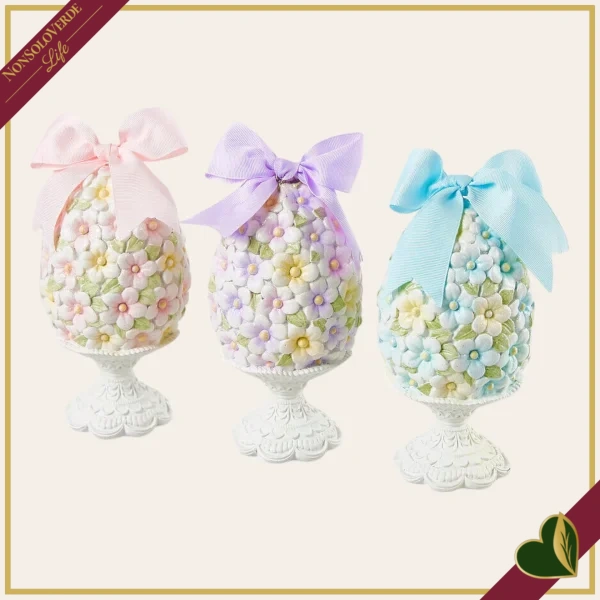 Uovo decorativo pasquale floreale su piedistallo colori assortiti, altezza 20 cm