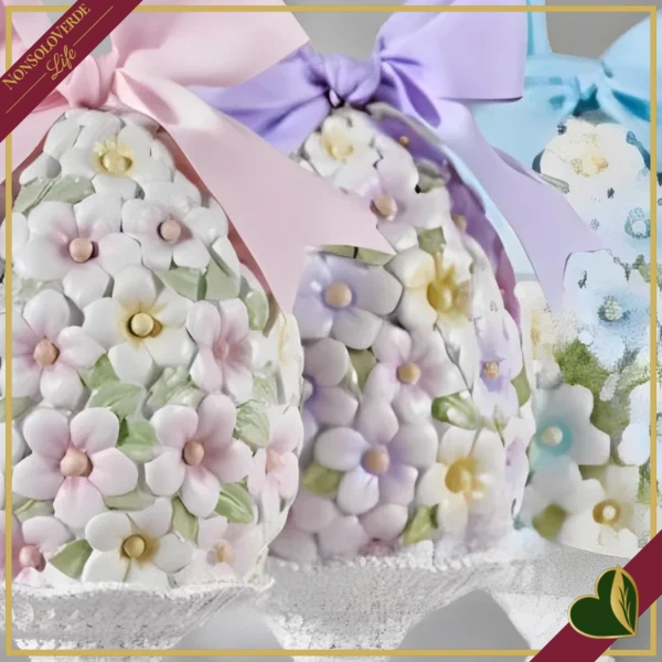 Uovo decorativo pasquale floreale su piedistallo colori assortiti, altezza 20 cm