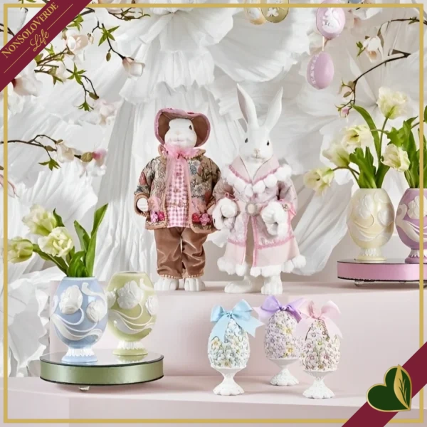 Uovo decorativo pasquale floreale su piedistallo colori assortiti, altezza 20 cm