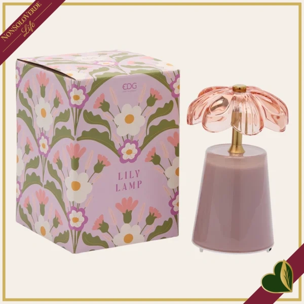 Lampada da tavolo Lily in vetro rosa cipria e dettagli oro, altezza 17,5 cm