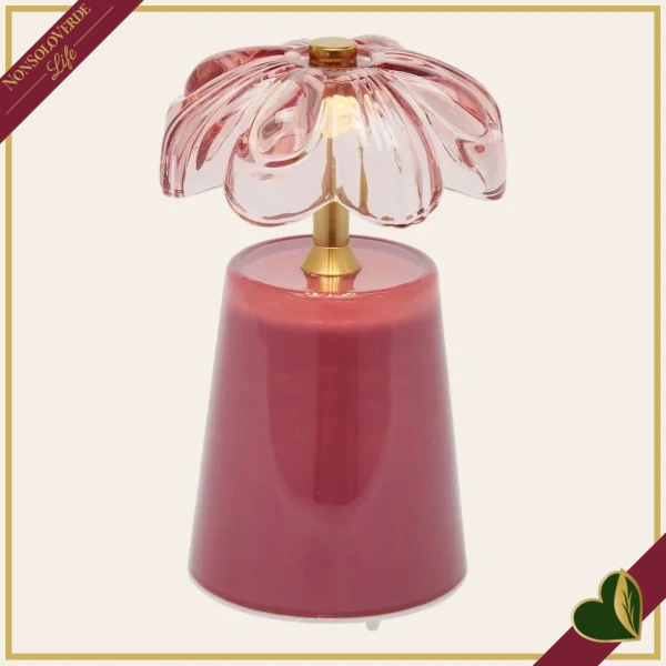 Lampada da tavolo Lily in vetro fucsia e dettagli oro, altezza 17,5 cm