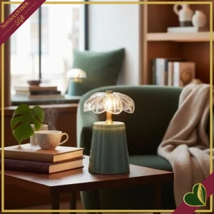 8059824607881-0 Lampada da tavolo Lily in vetro verde salvia e dettagli oro, altezza 17,5 cm