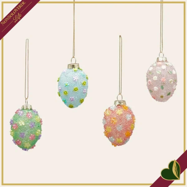 Uovo decorativo da appendere in vetro con fiori colori assortiti, altezza 6,5 cm