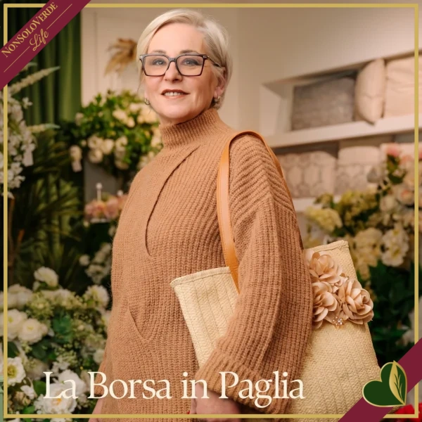 Borsa in paglia con fiori avorio, larghezza 46 cm