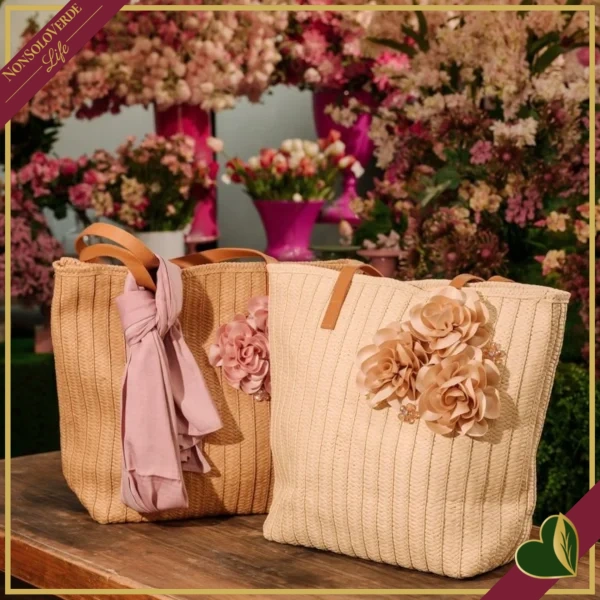 Borsa in paglia con fiori avorio, larghezza 46 cm