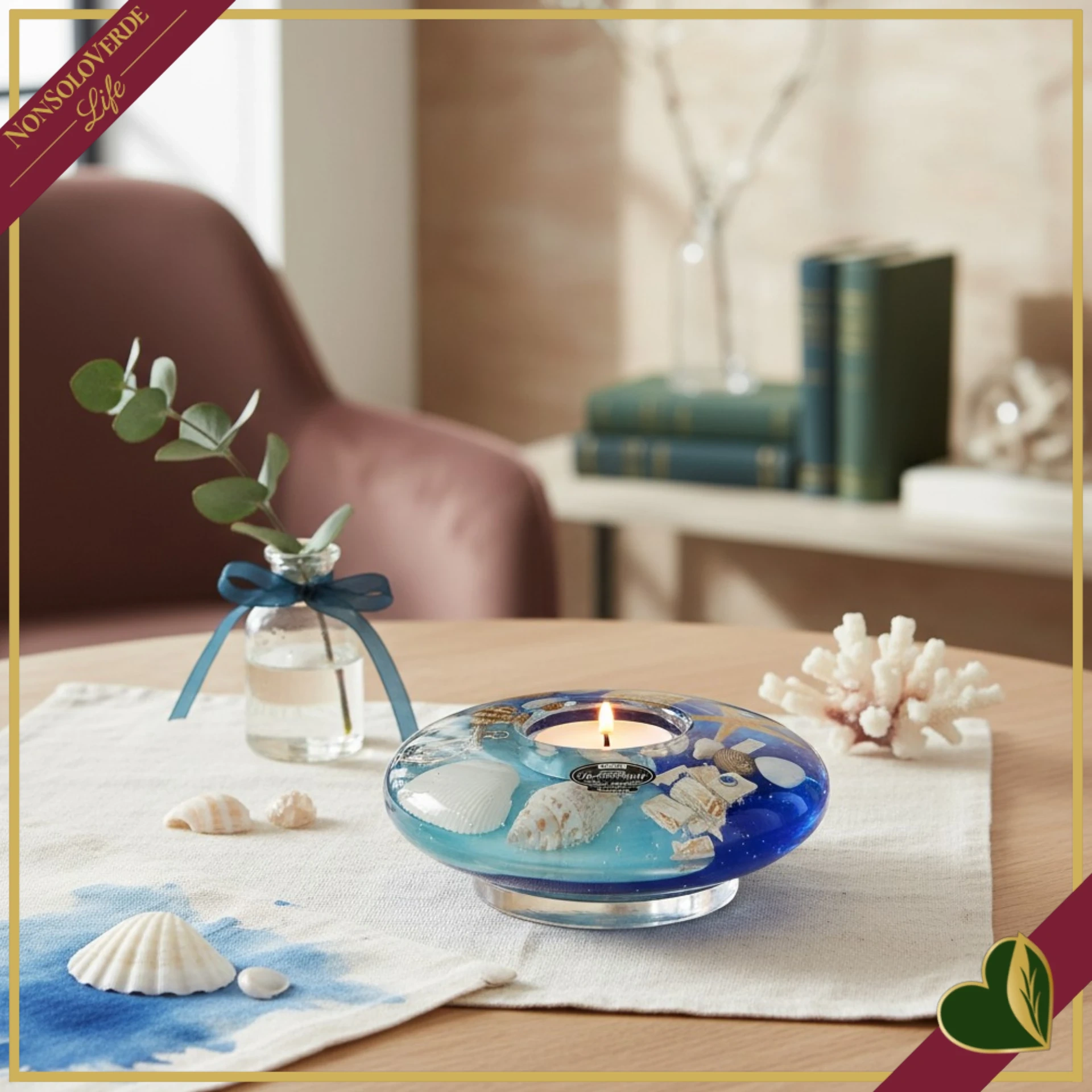 Portacandela tealight Ocean a forma di ufo in vetro decorato marino, diametro 12 cm