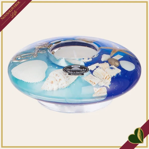 Portacandela tealight Ocean a forma di ufo in vetro decorato marino, diametro 12 cm